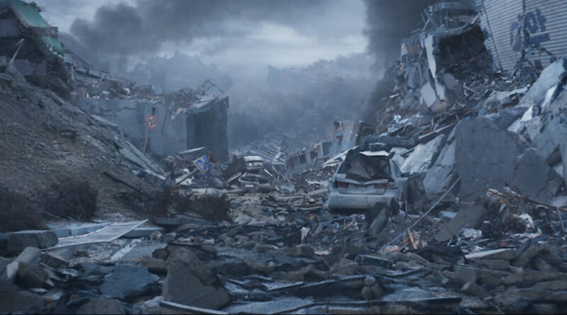 A ruined Seoul street buried beneath collapsed buildings in Concrete Utopia