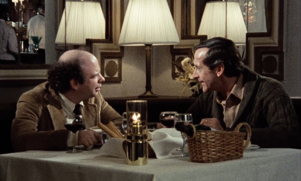 Wallace Shawn and André Gregory talk across a restaurant table in My Dinner with André