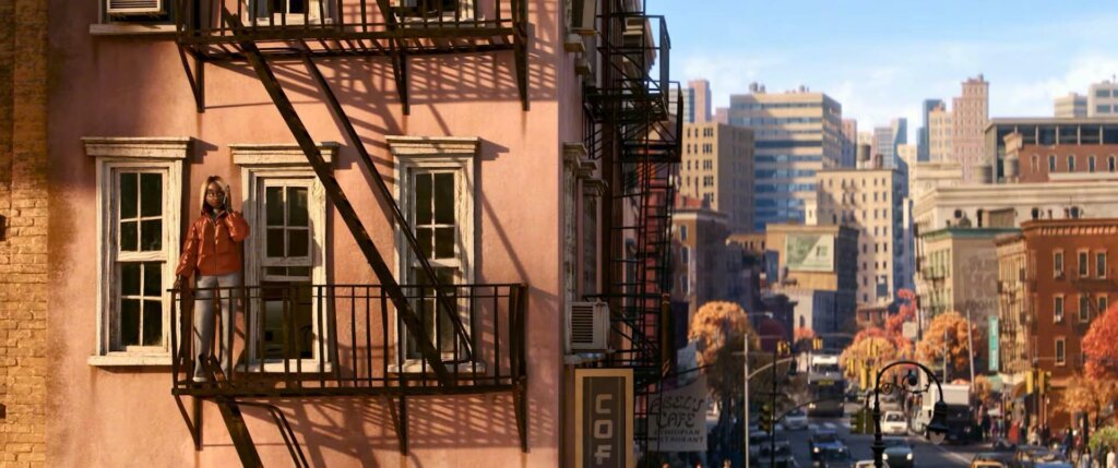 Joe Gardner stands on his New York fire escape in Soul