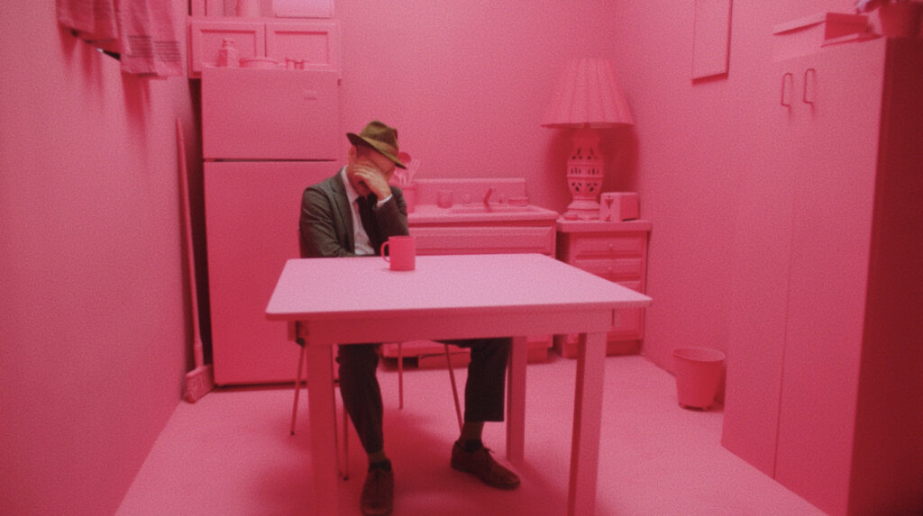 Dream auditor James Preble sits alone in a monochrome pink kitchen in Strawberry Mansion.