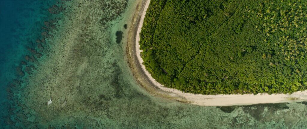 An overhead view of the green tropical island and pale shoreline in Sweetheart (2019).