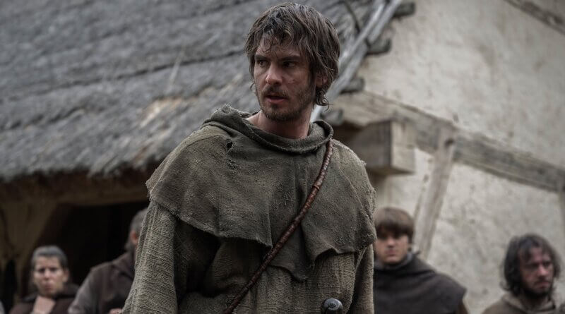 Andrew Garfield as the Ploughman in a medieval village in The Uprising.