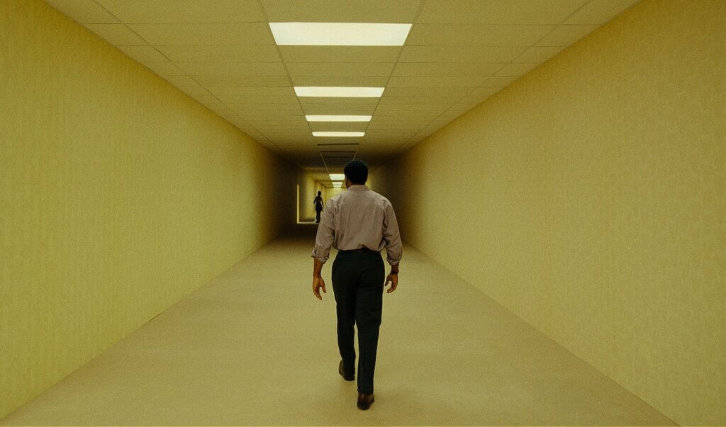 Clark walks toward a distant figure along a yellow corridor beneath fluorescent lights in Backrooms (2026).